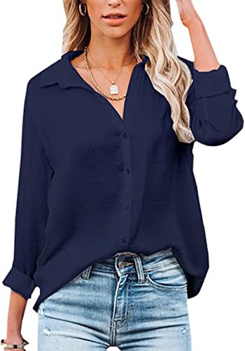 Womens Blouse Casual Long Sleeve Shirt Tops V Neck Button Down Shirts Basic Loose Tunic T Shirts (M, Navy Blue)