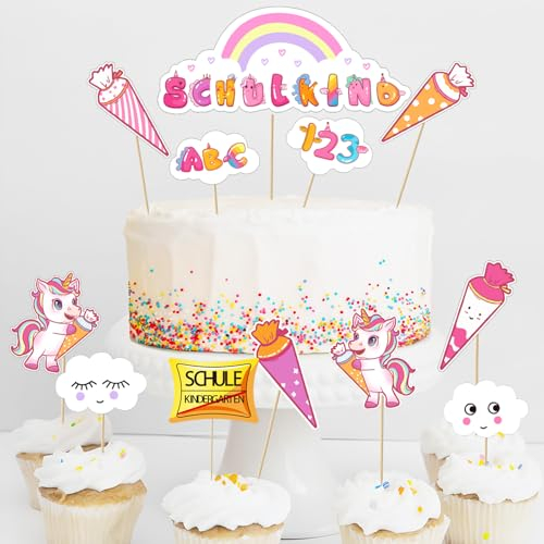 Tortendeko zur Einschulung, 12-teilig Einhorn-Thema Schulanfang Cupcake Topper Deko,Schuleinführung Kuchen Fondant Muffins Zucker deko,für schulkind Junge Mädchen 1. Schultag Party Deko