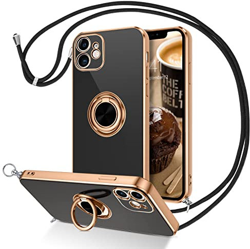 DUEDUE für iPhone 12 Hülle mit Band, Handykette Handyhülle mit Band 360 Grad Ring Stoßfeste Schutzhülle Soft Silikon TPU für iPhone 12 Hülle mit Ring 6.1'' Schwarz