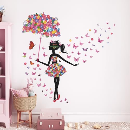 Tanlaby Blumen Fee Wandtattoo Schmetterling Mädchen Wandsticker Mädchen mit Regenschirm Wandaufkleberr für Mädchen Babyzimmer Wohnzimmer Schlafzimmer Kinderzimmer Hause Wanddekoration