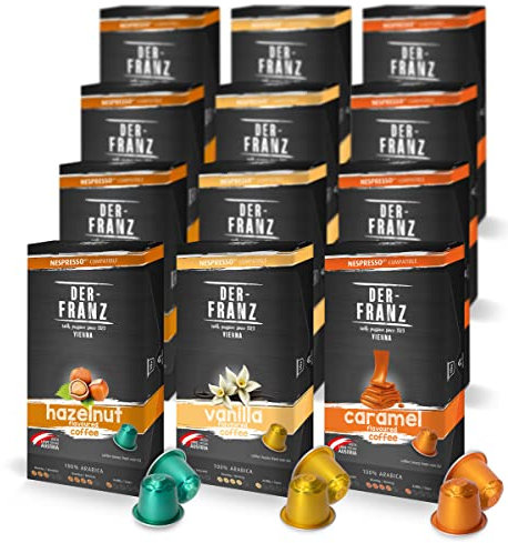 12 x 10 Capsules de café compatibles Nespresso, (40 x aromatisé à l‘arôme Noisette, 40 x Vanille, 40 x Caramel)