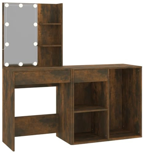vidaXL LED Dressing Table with Cabinet Makeup Vanity Desk Jewellery Cosmetic Mirrored Dressing Table with Storage Smoked Oak Engineered Wood