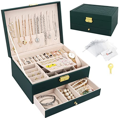 Schmuckkasten, Schmuckkästchen mit 2 Ebenen mit Schubladen, PU-Leder Schmuckbox Schmuckschatulle Groß Schmuck Organizer für Ringe Ohrringe Armbänder Halsketten, Dunkelgrün