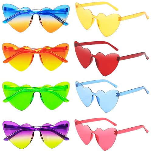 Dwenarry Herz Sonnenbrille Party Bunte Herz Brille Set Farbige Herzen Partybrillen Hippie Brille Fasching Trendy Herzbrille Randlos für Erwachsene 8 Stücke