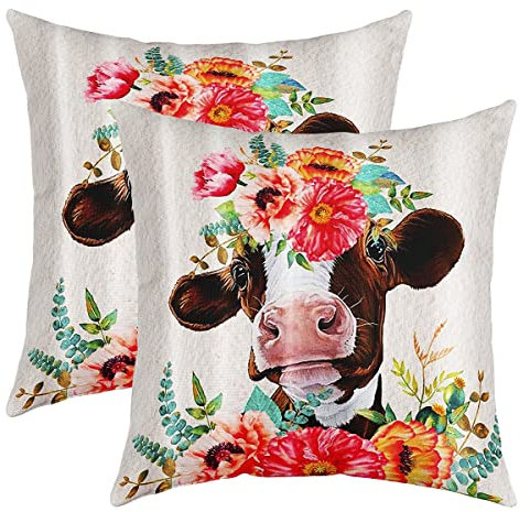 Loussiesd Milchkuh Quadrat Kissenhülle 2er Set Kissenbezüge Süße Kuh Floral Umkehrbar Kissenbezüge 40x40cm Bauernhof Tiere Kissenbezug Home Dekor für Bauernhaus