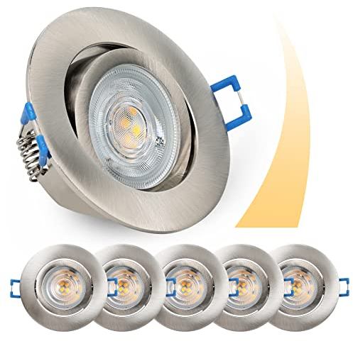 URing LED Einbaustrahler Schwenkbar Dimmbar, Deckenspots LED Spot Einbauspots inkl 230V 5W 650LM warmweiß 3000K LED Modul, bohrloch 68mm - 75mm spots deckenleuchte für Wohnzimmer, Badezimmer, Niquel