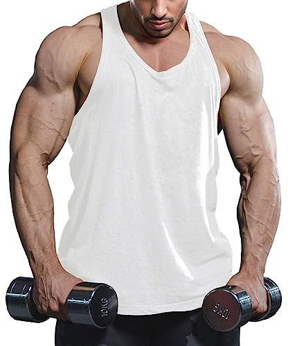 Lehmanlin Herren Sport Stringer Tank top,Bodybuilding Workout Tank Tops für das Fitnessstudio,Tägliches Training lässige T-Shirts Quick Dry(Reines Weiß,L)