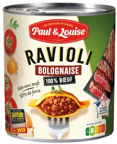Paul & Louise Ravioli Bolognaise 800g - Pâte aux œufs – 50% de farce - 100% viande origine France - Sans colorant - Sans arôme artificiel - Nutriscore B
