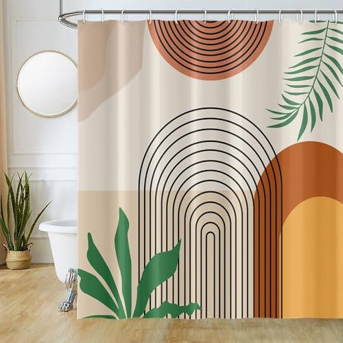 Uiiooazy Tenda Doccia Astratta, Tenda da Doccia Boho Terracotta Foglie Verdi Minimaliste Tenda per Doccia Antimuffa Impermeabile Tessuto in Poliestere Lavable Tenda da Bagno con 12 Ganci 240Lx180Acm