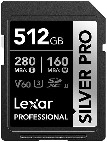 Lexar 512GB Professional SILVER PRO SD Card, UHS-II, C10, U3, V60, Full HD, 4K, Up To 280MB/s Read SDXC Memory Card, for Professional Photographer, Videographer, Enthusiast (LSDSIPR512G-BNNNU)