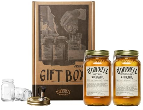 O'Donnell Moonshine Likör Geschenkset Made in Berlin – 2x frischer Passionsfrucht & Harte Nuss Rum-Likör (700ml) + 2x Mason Jar Whiskey Gläser + Ausgießer (Geschenk für Männer) in Geschenkbox