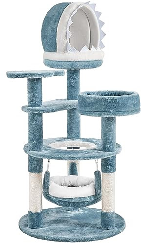 Abicain Arbre à Chat Tour pour Chat Multiniveau avec Niche Effet Requin, Hamac, Perchoir, Poteau en Sisal, 55 × 55× 115 cm, Bleu/Blanc