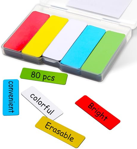 80 Étiquettes Magnétiques Inscriptibles et Effaçables Colorées - 60 x 20 mm - Cartes à Bandes Magnetiques Beschreibbar pour Tableaux Blancs, Réfrigérateurs, Cuisine et Bureau