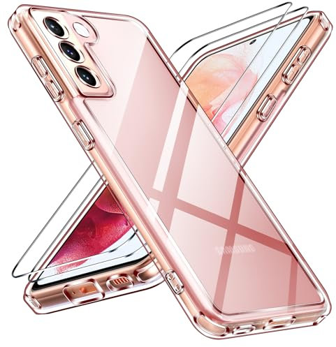 ivoler Nie Vergilbung Klar Hülle für Samsung Galaxy S21 5G, 1 Handyhülle mit 2 Stück Panzer Schutz Glas, [Militärischer Schutz] Stoßfest Transparent Schutzhülle Dünn Durchsichtige Case