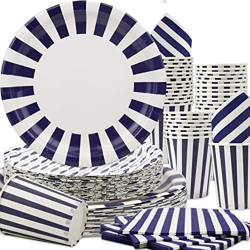 Obussgar Juego de vajilla a Rayas Azul Marino Que Incluye Platos, servilletas y Vasos de Papel para Fiestas de cumpleaños, graduaciones, Bodas, Baby Showers (Azul Oscuro 40)