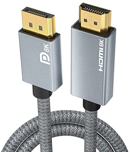 Câble DisplayPort vers HDMI 8K [8K @30hz, 4k@120hz, 2k@144hz ] 3M, DP 1.4 vers HDMI 2.1 Uni-Directional Braided Cord, support HDR/HDCP 2.3/DSC 1.2 pour PC, HP, Lenovo, Dell, AMD, NVIDIA (3M)