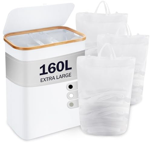 YOUDENOVA 160L Bamboo Laundry Basket with Lid, 3 Compartments Large Washing Basket with Removable Bag, Collapsible Laundry Hamper with Handles, Laundry Bin, White