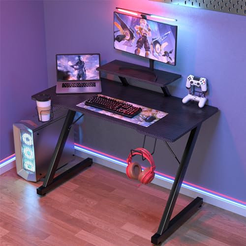 HaodaCulture Bureau Gaming 100x55cm, Bureau d'ordinateur en Forme de Z, Table Gamer en Fibre de Carbone, Bureau Informatique Ergonomique avec Support de Moniteur Réglable, Support de Poignée