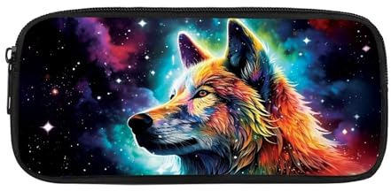 NETILGEN Kinder-Federmäppchen für Jungen, Kinder, Schule, coole Stiftetasche, große Kapazität, Münzbörse, Stifteetui mit Reißverschluss, lustige Geschenke, Wolf bunte Galaxie