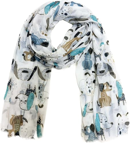 J26 Leichte Sommer Seide Tuch mit Katze Hunde Motiv XL Schal Silk Seidenschal Seindentuch Cat Dog Halstuch Hochwertig Glitzer (Glitzer Hunde Weiß)