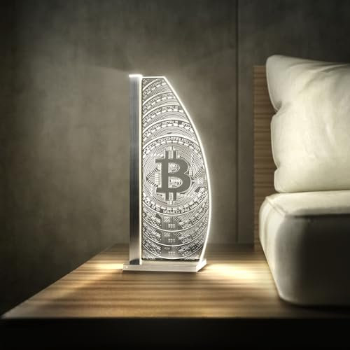 Luverre Tisch-Lampe | LED-Leuchte | Glas-Leuchte mit Gravur für Nachttisch, Kommode, Wohnzimmer | Motivation, Pop Art, Bitcoin (Bitcoin Goldrush, Segel | silber)
