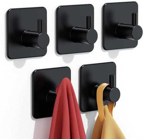 Auxmir Ganchos Adhesivos Baño de Acero Inoxidable, Toalleros sin Taladro Resistentes, Colgador Toallas Baño Grande, 5 Pack Negro (4.5x4.5cm)