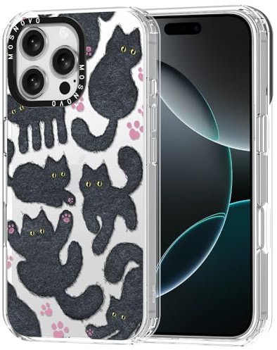 MOSNOVO Case for iPhone 16 Pro Max, [Buffertech 6.6ft Military-Grade Drop Protection] [Anti Peel Off Tech] Clear TPU Bumper Phone Case Cover Design - Black Fluffy Cat
