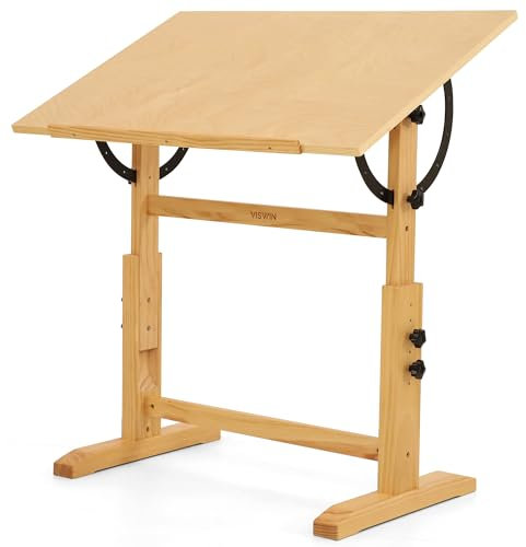 VISWIN Zeichentisch aus Holz, höhen- und winkelverstellbar, Massivholz-Künstlertisch zum Zeichnen, flach neigbar, Atelier-Kunsthandwerkstisch