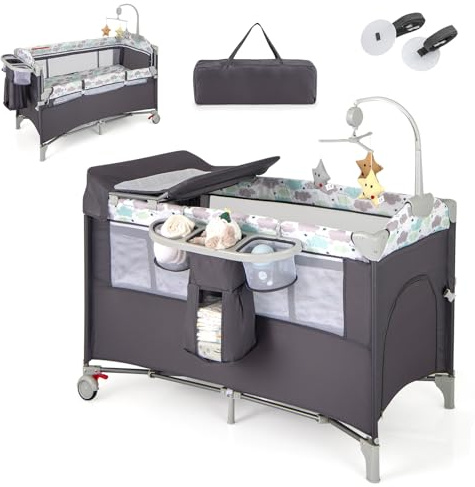 DREAMADE Lit Parapluie Bébé avec Matelas,5 en 1 Lit Cododo 125x65x76CM Tout-Petites 0-3 Ans avec Porte-Couches,Roues Verrouillables,Musique,Jouets Suspendus,Table à Langer,Sac de Transport (Gris)