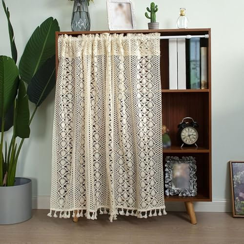 Baumwolle Häkeln Stricken Kurzgardine, Landhausstil Küchengardine, Boho-Scheibengardine mit Quaste(W 100XL 45CM/39 X 17.7IN)