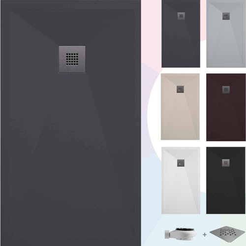 SoulBath Receveur de douche - Résine - Texture lisse / pierre - Antidérapant - Couleur anthracite - 90 x 90 - Extra plat - Résistant Gel Coat - Avec bonde de vidange et grille