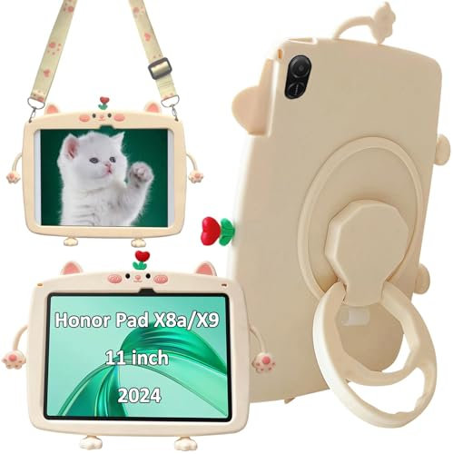 Custodia protettiva compatibile con Honor Pad X8a 11 pollici 2024, Honor Pad X9 11 2024, carino gatto bambini custodia con manico girevole a 360° portapenne tracolla