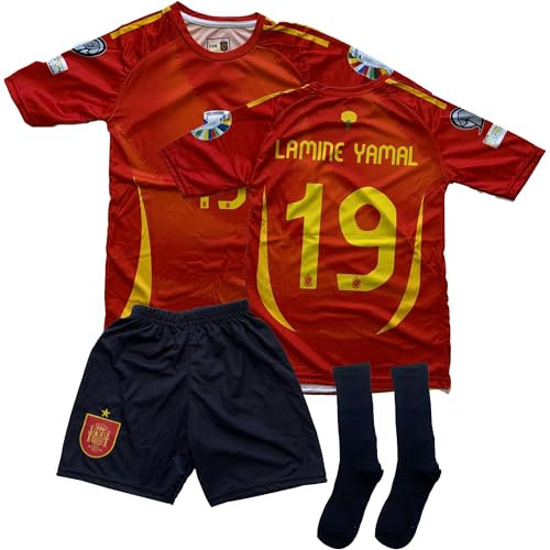 Boriverae Yamal #19 - Camiseta de España para niños 2025, color rojo y amarillo, camiseta con pantalones cortos y calcetines, nueva temporada, talla juvenil, camiseta de fan para niños (4-13 años