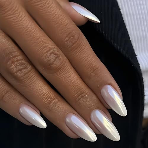24Pcs Pink Pearl Press-On Almond False Nails with Jelly Adhesive - Light Pink Chrome French Tip Aurora Full Cover Acrylic - Perfect for Women - Daily Wear
