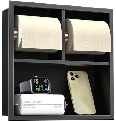 Bernkot Porte-papier toilette encastré en acier inoxydable avec rangement - 34 x 34 x 10 cm - Noir