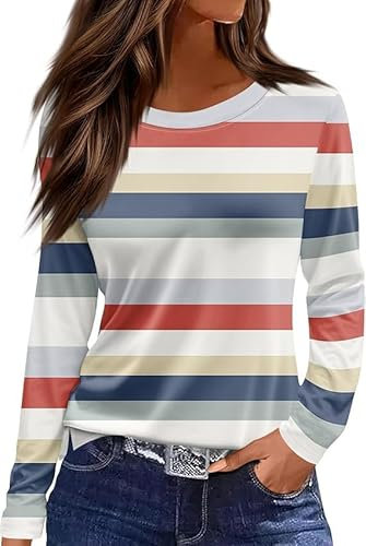 Langarmshirt Damen Rundhals Streifen Sport Langarm geometrischem Druck Tunika Shirt Elegant Casual Oberteile Vintage Langarmshirt Mode Landhausmode Atmungsaktiv Freizeit