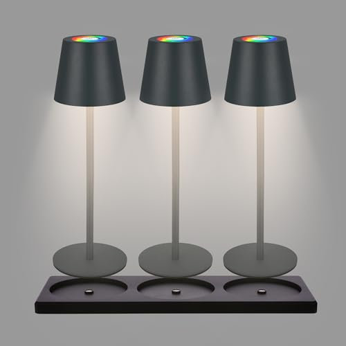 BRILONER - 3er Set RGBW LED Tischlampe kabellos IP44 mit Ladestation, stufenlos dimmbar, Akku & Lichtquelle tauschbar, Nachttischlampe, Dekolampe, Akku Tischleuchte, Restaurant, 36x12 cm, Anthrazit