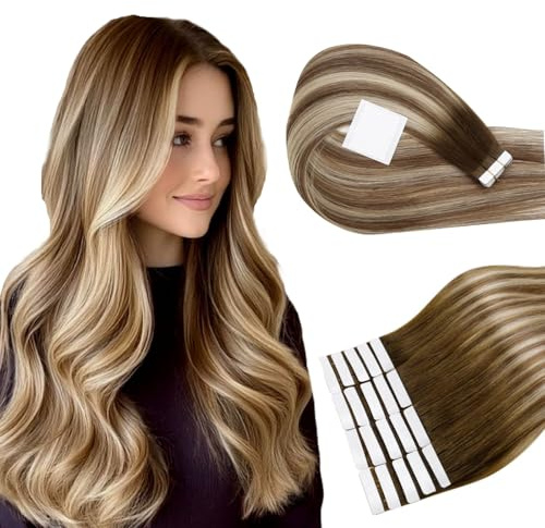 RUNATURE Tape Extensions Echthaar Ombre Braun Blond 40cm 20 Stück Tape in Extensions Echthaar Balayage Braun Blond Echthaar Extensions Tape Unsichtbare Haarverlängerung 50g #3/8/22