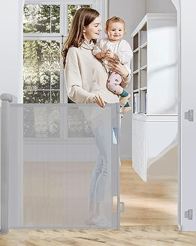 Trongle Retractable Stair Gate, 0-140 CM Extendable Barrier Gate for Babies and Pets, 85 CM Tall Stair Gates for Dogs, Silent One-handed Operation, Hallways, Stairs, Indoor and Outdoor, Grey