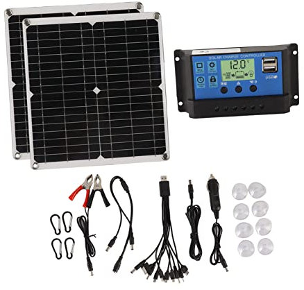 Solarpanelkit, Tragbares Solar -Solar -Batterie -Ladegerät mit 2 USB -Ausgang 50W Solarpanel 60A Solar Ladungssteuerung Set für RV Camping Blackout