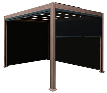 Metal Pergola 3m x 3m Wood Effect With 4 Retractable Mesh Blinds & LED Lights Tilting Canopy Roof Aluminium Outdoor Garden Gazebo Sun Shelter Drainage Weather Resistant Tools & Ground Bolts Included