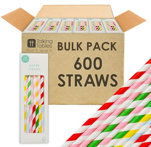 Talking Tables 600 x Bulk Stripy Cocktail Disposable Striped Paper Drinking Straws for Birthday, Wedding, Party, Catering, Bar, Red, White, Blue, Yellow