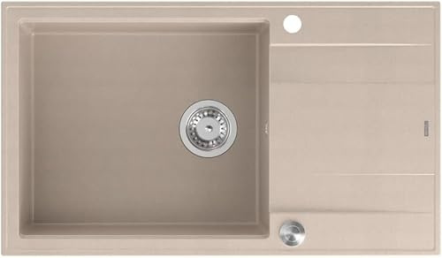 QUADRON Spülbecken Spüle Beige & Stahl | Größe 86 x 50 x 21 cm | Granit Granitspüle EVAN 136 XL Einzelbecken Küchenspüle | mit manuellem Siphon und Abtropffläche | 1 Becken Einbauspüle