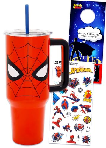 Marvel Spiderman Tumbler Cup Set - Bundle with 40 Oz Stainlesss Steel Tumbler with Handle and Straw Plus Stickers and More | 40 Ounce Spiderman Travel Cup for Boys, Teens, Adults