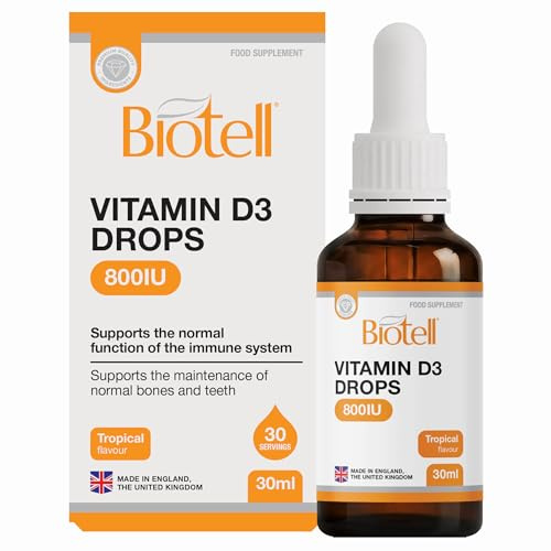 Biotell Vitamin D3 Drops 800IU per 1ml | High Strength Liquid Vitamin D Supplement for Immune System, Bones, Teeth and Calcium Absorption | 30ml, 30 Servings | Suitable for Adults, Kids and Babies