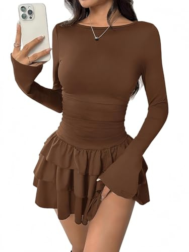 Sukiglam Robe Moulante à Manches Longues pour Femme Robes Courte Élégante Mini Robe Moulante Col Bateau Sexy Bodycon Dress à Triple Couche Volants Automne Hiver Robes de Soirée Fête Clubbing Cocktail