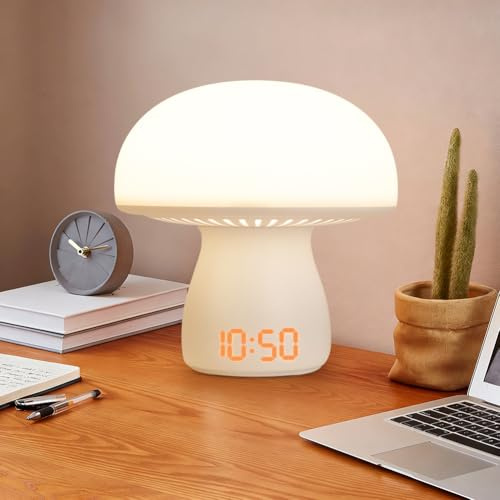 DASIAUTOEM Nachttischlampe Touch Dimmbar, 3600mAh Pilz LED Tischlampe mit Uhranzeige und Timing Funktion, Touch Dimmbare Akku Tischlampe, USB Kinder Nachttisch Lampe für Schlafzimmer, Wohnzimmer, Büro