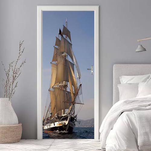 Sticker Porte Trompe l'oeil Effect 90X200cm 3D Papier Peint pour Porte Intérieures Voilier Mer Poster Portes PVC Autocollant Mural Décoration Amovible Imperméable Stickers Muraux Art -DS2731