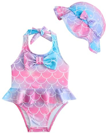 JiAmy Costume da bagno per neonata con grazioso cappello, senza maniche, costume da bagno intero con fiocco, costume da bagno estivo, 0-24 mesi, Rosa Viola-sirena, 6 mesi