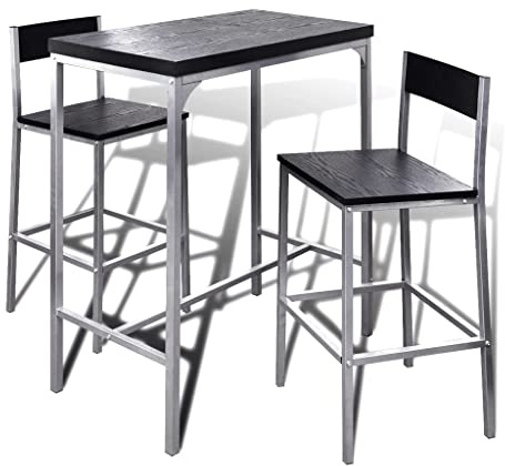 Owoxanthellate Frühstücksbar Set Schwarz 89 x 45 x 100 cm aus Stahlrahmen & MDF, platzsparendes Hochtisch mit 2 Stühlen, Modernes Design & Robustheit für Küche Esszimmer Balkon kleine Räume
